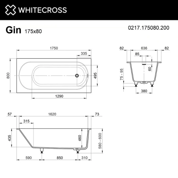 Ванна Whitecross Gin, 0217.175080.200, 175 х 80 см, искусственный камень, белая матовая - фото 2