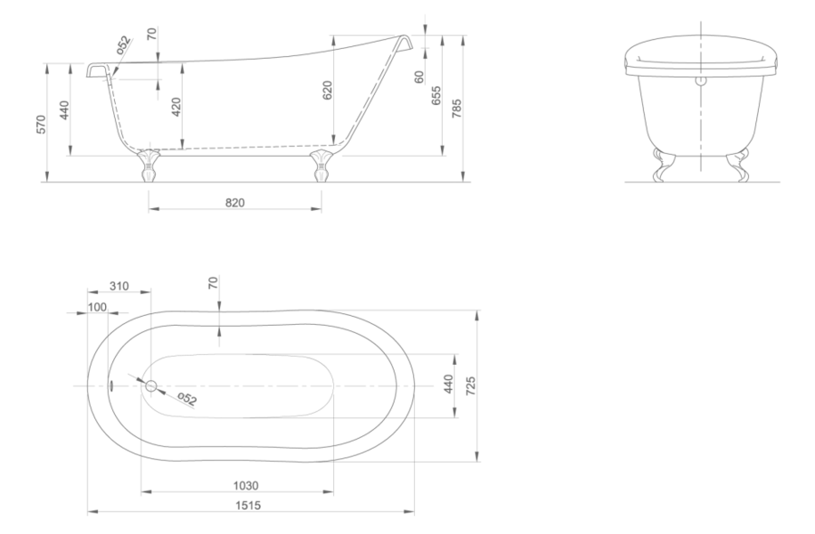 Ванна акриловая Knief Slipper 0100-064-01 151,5 х 72,5 х 78,5/57 см с 4-мя бронзовыми ножками в виде лапы с когтями - фото 2