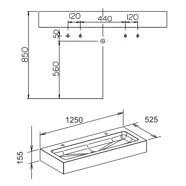 Раковина 125 см для двух смесителей на 1 отверстие,  с клапаном принудительномо слива, Keuco Edition 300, накладные (на столешницу) - фото 2