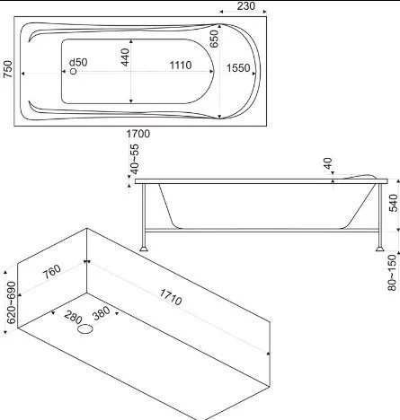 Ванна акриловая Bas Мальта В 00023, 170 х 75 см, белый - фото 2