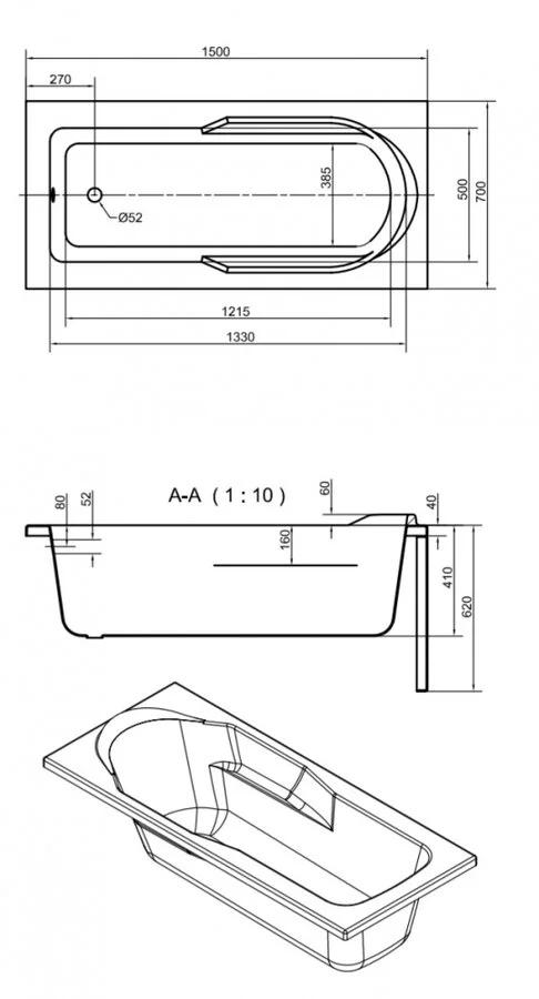 Ванна акриловая Cersanit Santana 63349 150 x 70 см, прямоугольная, белая - фото 2