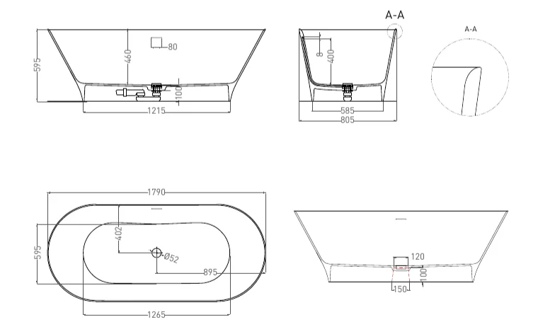 Ванна из искусственного камня Salini Mona 180x80 см белая, литьевой мрамор - фото 2