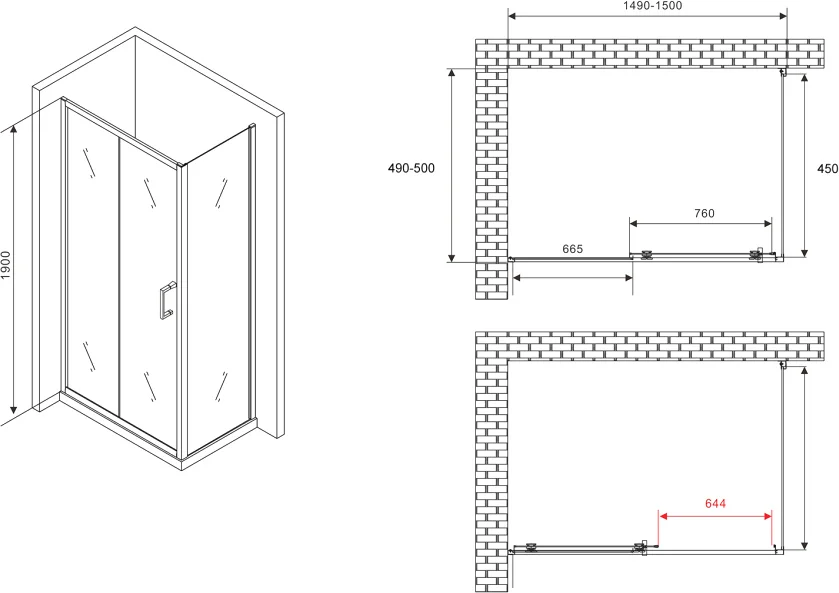 Душевой уголок Abber Schwarzer Diamant 150x50 см профиль черный, стекло прозрачное, раздвижные - фото 6