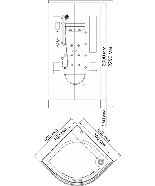 Схема, угловые, с сауной (баней), с гидромассажем, c тропическим душем, с вентиляцией, с крышей, с сиденьем - фото 5