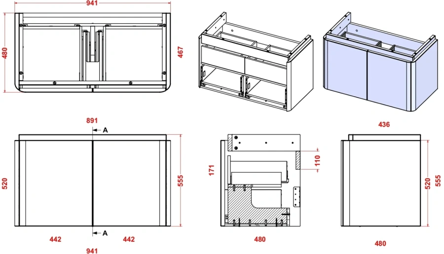 Тумба под раковину подвесная Cezares Stylus 94 см синяя нефть, в наличии - фото 2