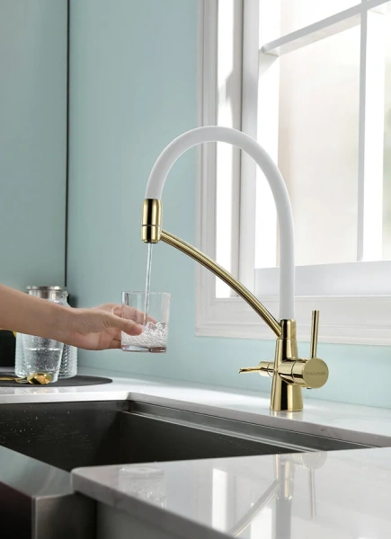 Смеситель для кухни Paulmark Siegen золото с белым, на мойку, на столешницу - фото 6