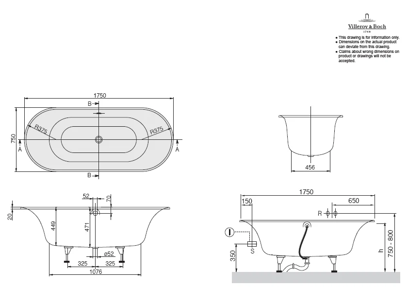 Ванна Quaryl Villeroy & Boch Cetus UBQ175CEU7V-01 175х75см - фото 2