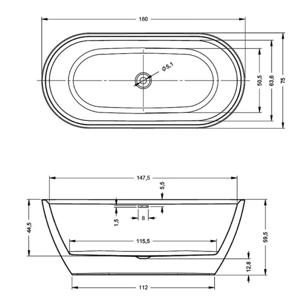 Ванна акриловая Riho Inspire Velvet Fall B091004105, 160 x 75 см, заполнением через перелив, цвет белый матовый - фото 2