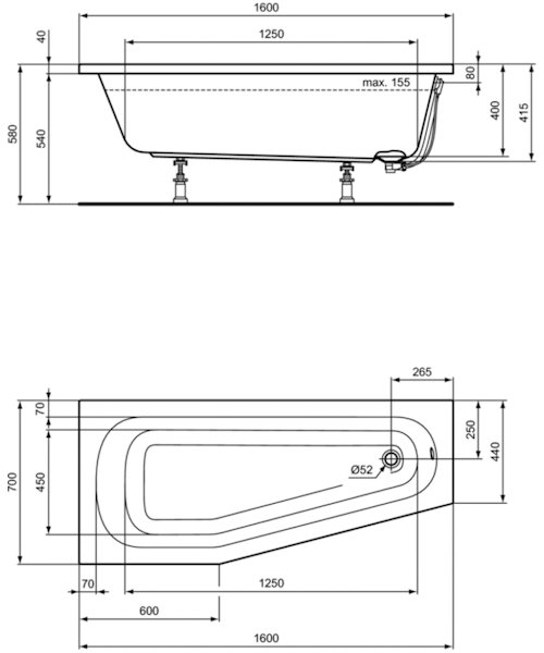 Ванна акриловая Ideal Standard Hotline K276 160х70 см встраиваемая - фото 2