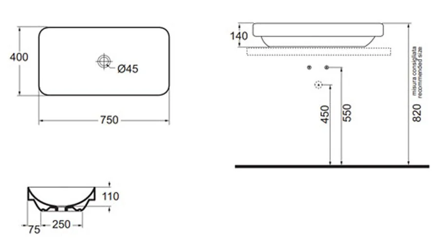 Раковина Azzurra Elegance 75 см прямоугольная - фото 2