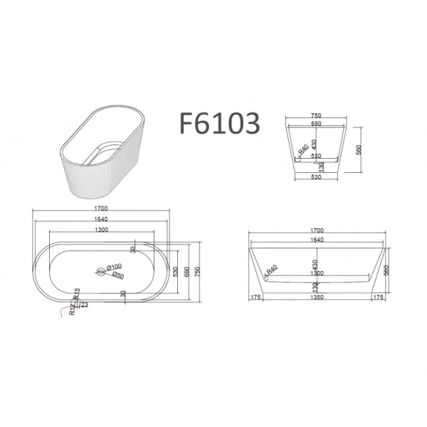 Ванна акриловая Frank F6103, 12513, 170 х 75 см, цвет белый - фото 2