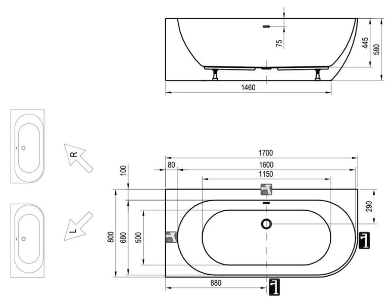 Ванна акриловая Ravak Freedom Corner L/P 170 x 80 см, пристенная, белая, слив-перелив хром, левая/правая - фото 2