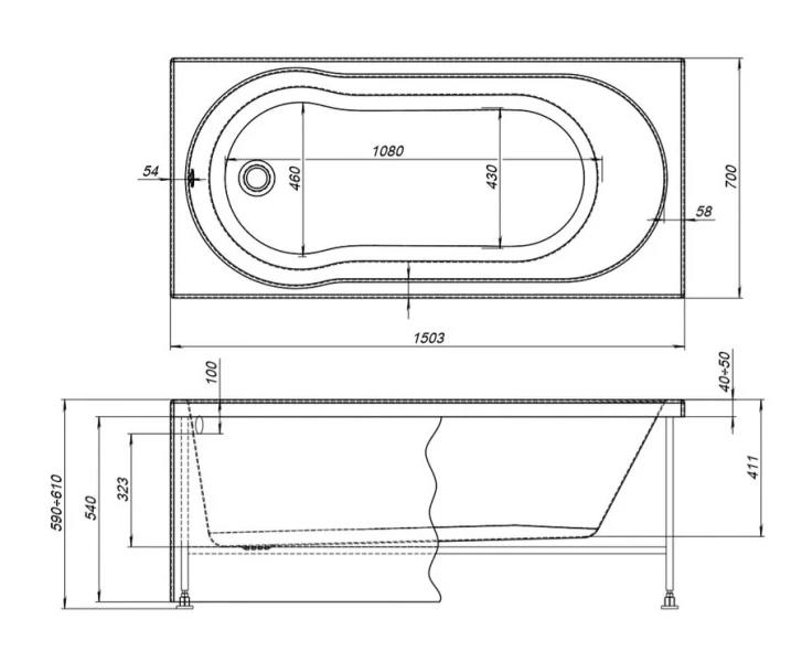 Ванна акриловая Aquanet Light 150 x 70 см 243869, с каркасом, белая - фото 2