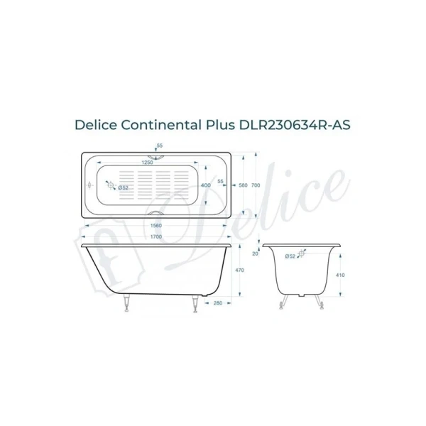 Ванна чугунная Delice Continental Plus 170х70 см с антискользящим покрытием - фото 2