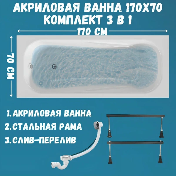 Ванна акриловая 1MarKa Classic 01кл1770Акс1, 170 x 70 см, цвет белый, 170 см - фото 9