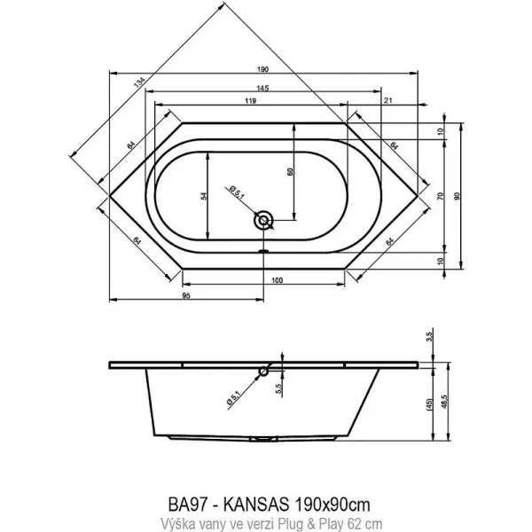Ванна акриловая Riho Kansas Plug & Play B035008005, 190 x 90 см, цвет белый - фото 2