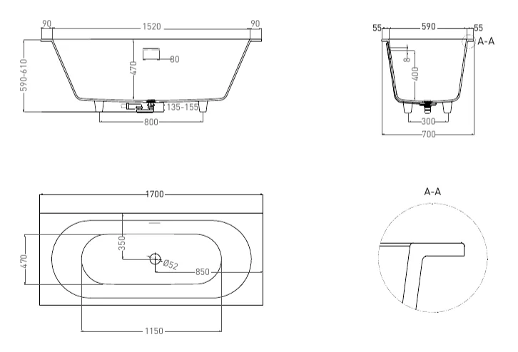 Ванна из искусственного камня Salini Ornella Axis Kit 170х70 см белый матовый, современныe, hi-tech - фото 3