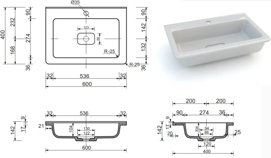 Раковина мебельная Style Line Марелла Люкс 60 см литьевой мрамор, в наличии index_1 - фото 4