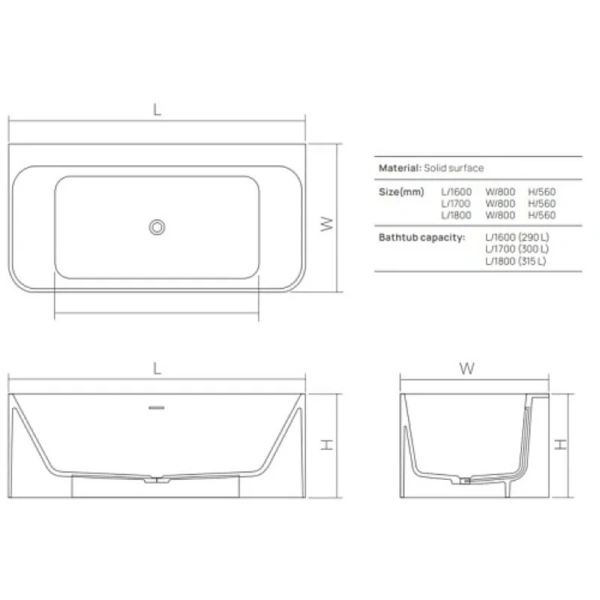 Ванна DEA Design Modern DD8665 1700 18, 170 х 80 см, из искусственного камня, цвет белый матовый - фото 3