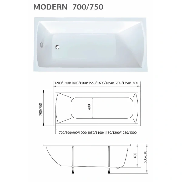 Ванна акриловая 1MarKa Modern 01мод1270кс2+, 120 x 70 см, цвет белый - фото 2