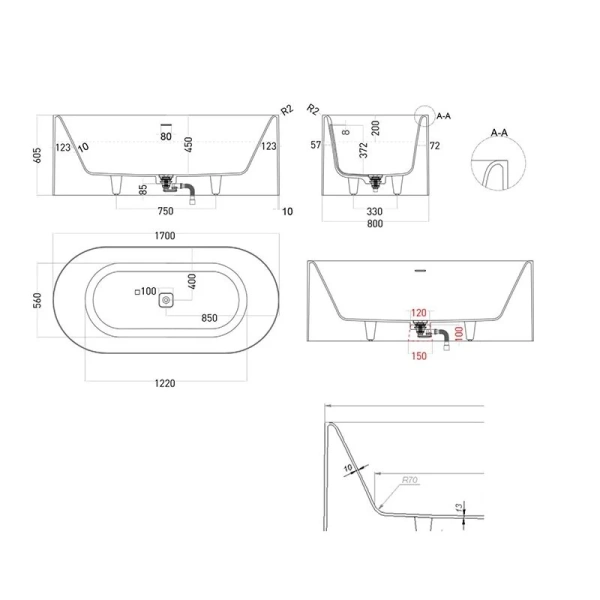 Ванна из искусственного камня Salini Perla 1049201M, 170 х 80 см, белый матовый - фото 2