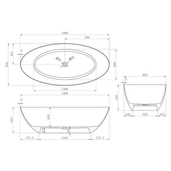 Ванна из искусственного камня Abber Stein 180x85 см отдельностоящая, овальные - фото 5