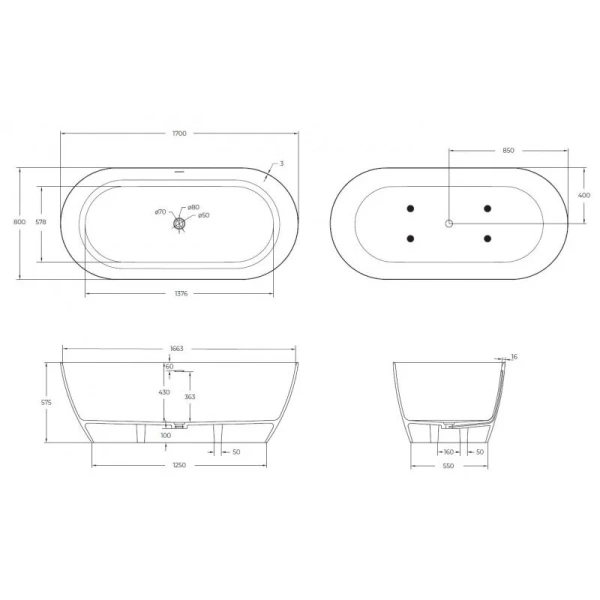 Ванна из искусственного камня Cezares Relax 170х80 см белая матовая, без гидромассажа, большие - фото 6