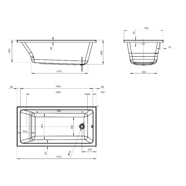 Ванна акриловая 1MarKa Bianca 01бья1775кс2+, 170 x 75 см, цвет белый - фото 2