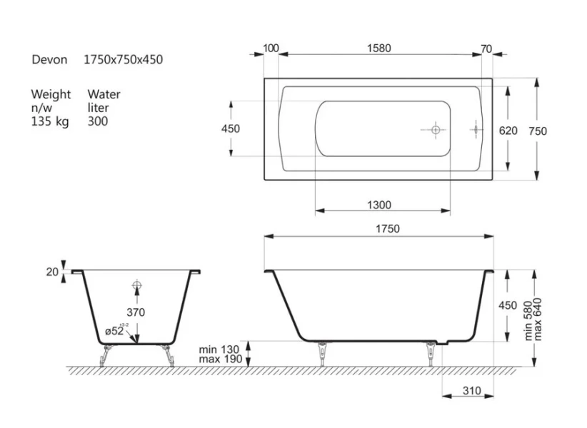 Чугунная ванна Vinsent Veron Devon VDV1757545, 175 x 75 см, цвет белый - фото 2