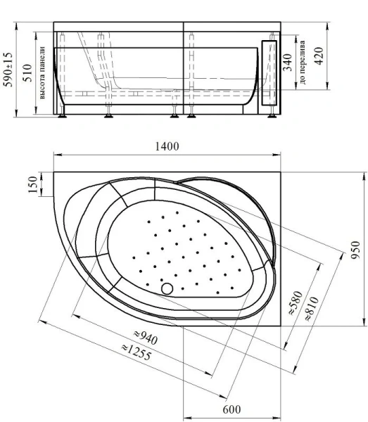 Ванна гидромассажная акриловая Vannesa Massage Мелани R 140 x 90 см, система актив хром - фото 2