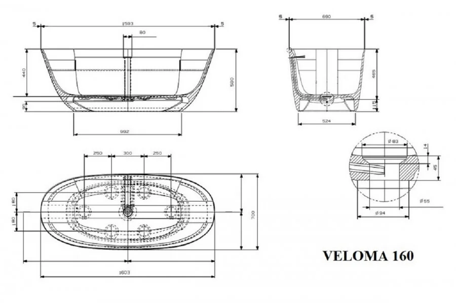 Ванна из искусственного камня Plumberia Selection Veloma, 160 х 70 см, матовый белый/blu denim, Veloma 160BD - фото 2