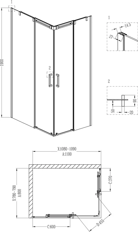 Душевой уголок Grossman Galaxy 110x80 см двери раздвижные, стеклянные, угловые, без поддона - фото 5