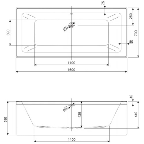 Ванна акриловая Cezares PLANE MINI-160-70-42-W37 прямоугольная - фото 3