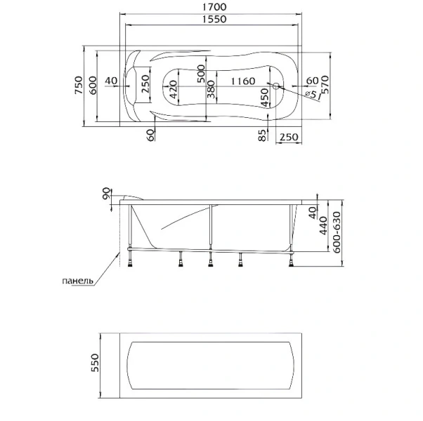 Ванна акриловая 1MarKa Calypso 01каи1775кс2+, 170 x 75 см, цвет белый - фото 2