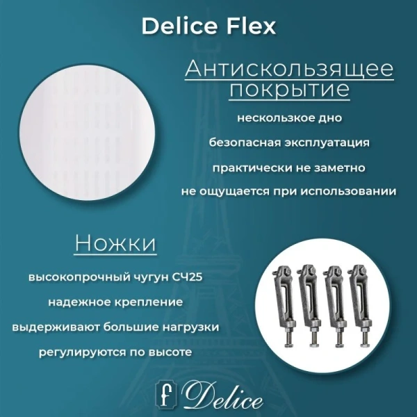 Ванна чугунная Delice Flex DLR230632R-AS, 180 х 85 см, антискользящее покрытие, с отверстиями под ручки, без ручек, цвет белый, приставные, встраиваемые - фото 7