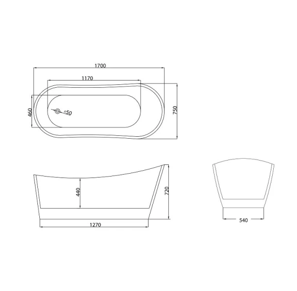 Ванна акриловая Grossman Galaxy, GR-2102, 170 x 75 см, отдельностоящая, белая, овальные - фото 5