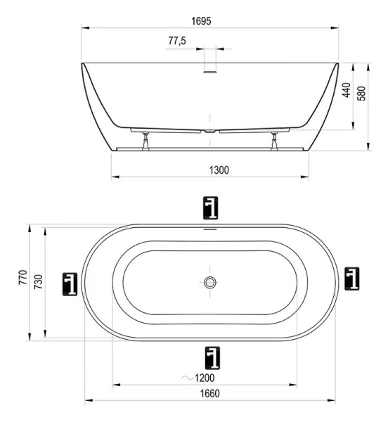 Ванна акриловая Ravak Freedom O TEC CD41600000, 170 x 77 см, отдельностоящая, розовая, слив-перелив белый - фото 2