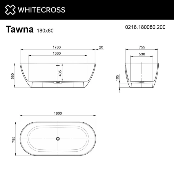 Ванна Whitecross Tawna, 0218.180080.200, 180 x 80 см, искусственный камень, белая матовая - фото 4