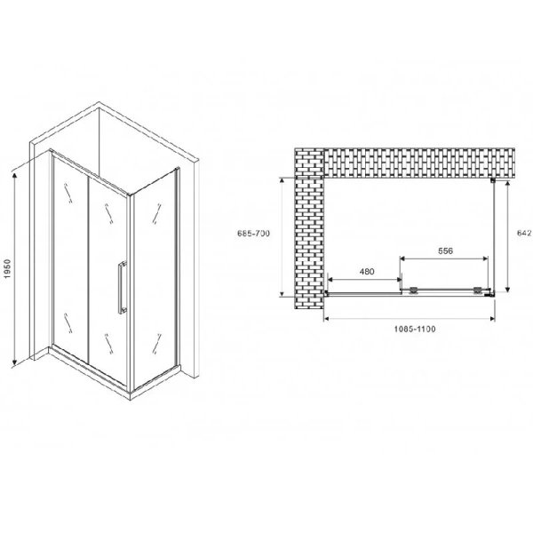 Душевой уголок Abber Schwarzer Diamant 110х70 см профиль черный, прямоугольные - фото 2