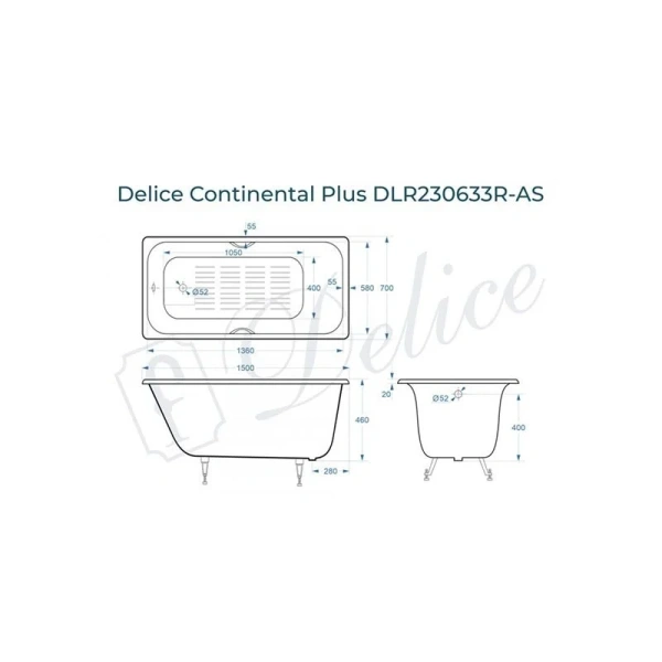 Ванна чугунная Delice Continental Plus 150х70 см с антискользящим покрытием - фото 2