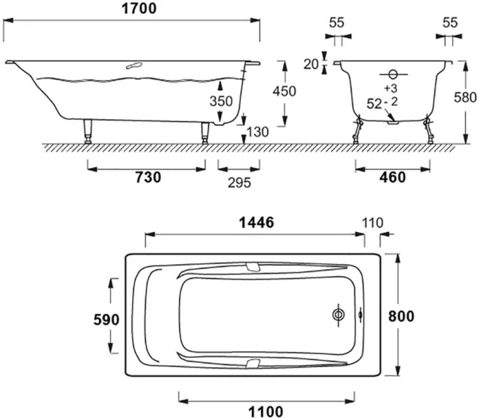 Ванна чугунная Jacob Delafon Repos 170х80 см без отверстий для ручек, без антискользящего покрытия - фото 2