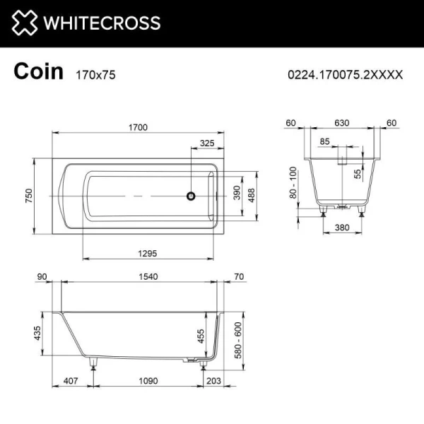 Ванна Whitecross Coin 0224.170075.2XXXX, 170 х 75 см, искусственный камень, покраска по RAL, поверхность матовая - фото 2