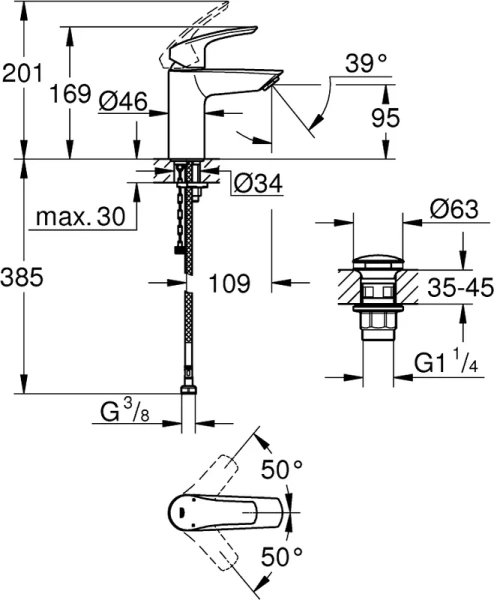 Смеситель для раковины Grohe Eurosmart с нажимным донным клапаном, из латуни, округлая форма, с донным клапаном - фото 5