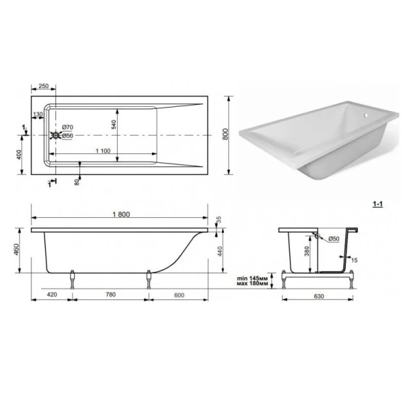 Ванна из искусственного мрамора Aquanet Bright Stone AQ-00332885, 180 x 80 см, цвет белый - фото 2