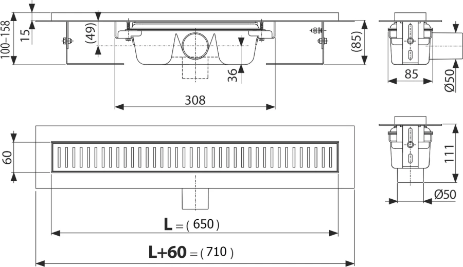 Душевой лоток Alcaplast 65 см без решетки, с сухим затвором, с мокрым затвором - фото 6