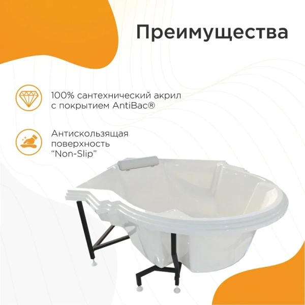 Акриловая ванна Fra Grande Монте-Карло 4-01-0-0-1-401, 149 x 149 см, рама-подставка, подголовник, белая, без гидромассажа - фото 5