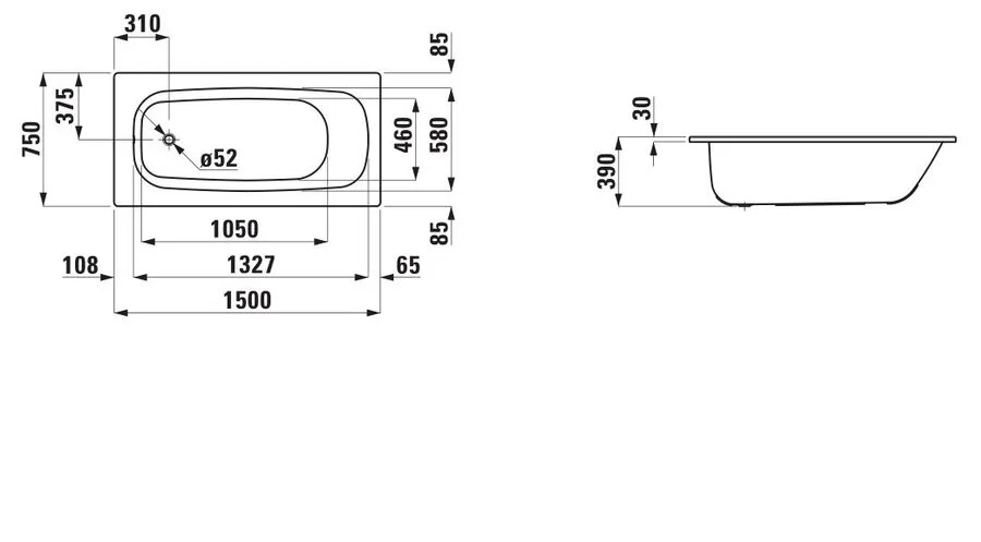 Стальная ванна Laufen Pro 2.2295.3.000.040.1 150 х 75 см с отверстиями для ручек - фото 2