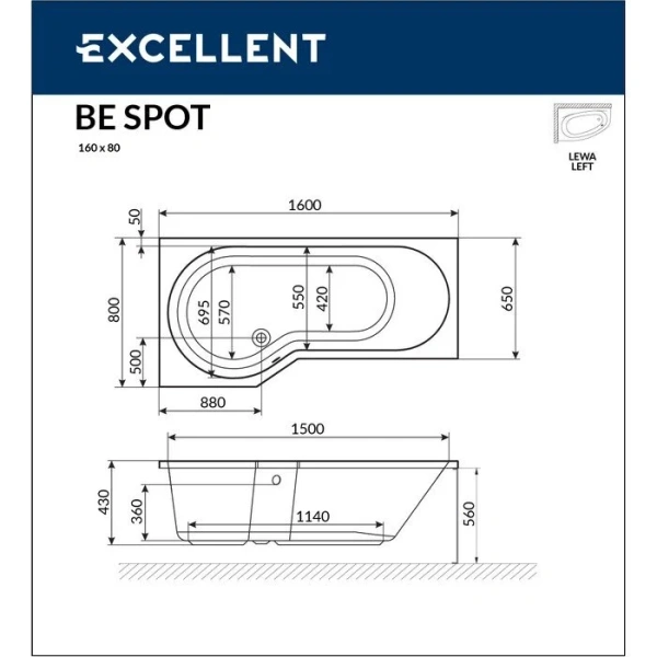Ванна гидромассажная Excellent Be Spot Relax 160 x 80 см, левая, белый/хром, WAEX.BSL16.RELAX.CR - фото 2
