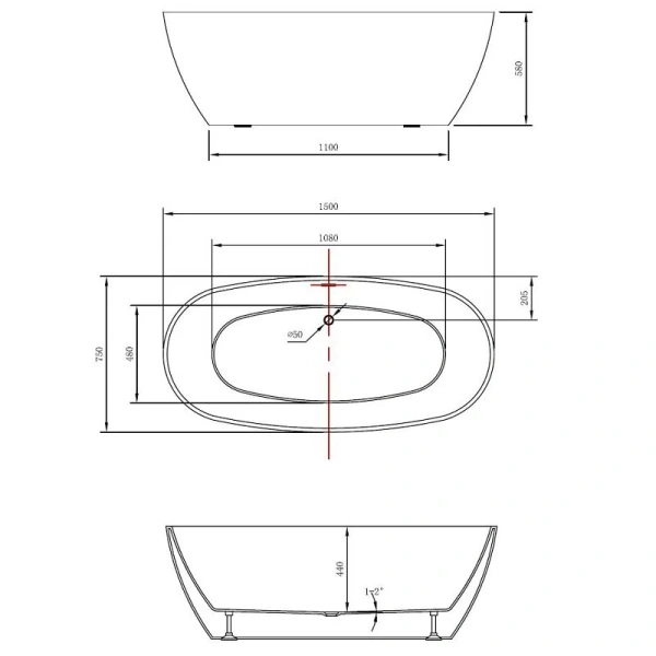 Ванна акриловая Vincea VBT-405-1500, 150 x 75 см, щелевой перелив, цвет белый - фото 2