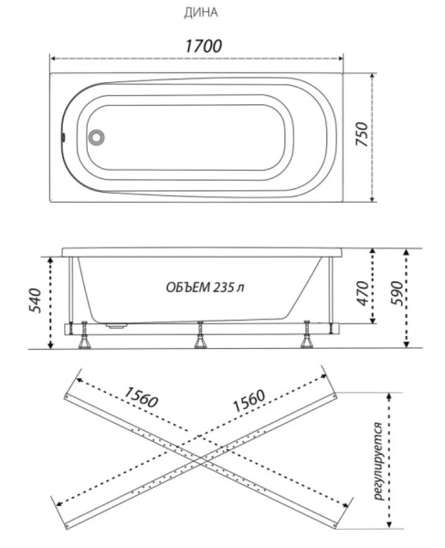 Ванна акриловая Triton OMP Дина Щ0000050444, 170 x 75 см, белая - фото 2